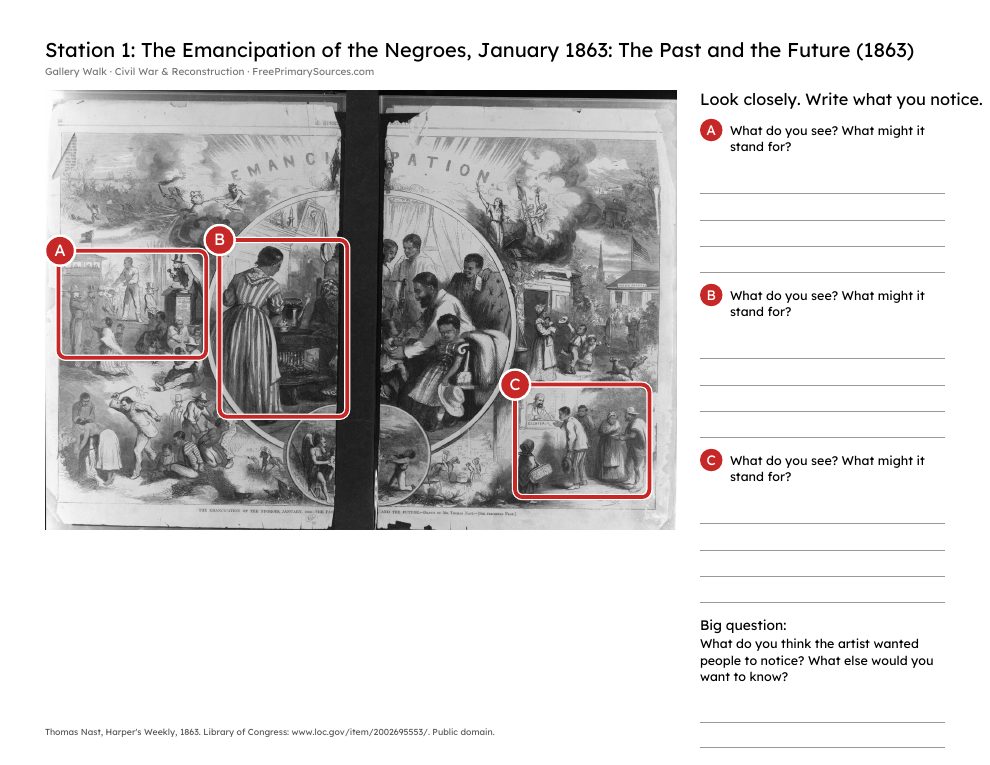 Sample poster page: The Emancipation of the Negroes, January 1863: The Past and the Future with parts A, B and C marked