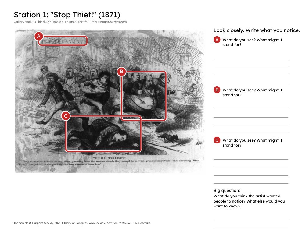 Sample poster page: "Stop Thief!" with parts A, B and C marked
